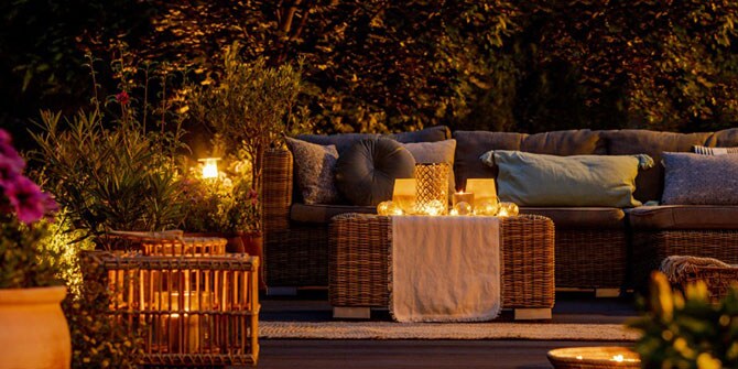 cozy outdoor furniture at night